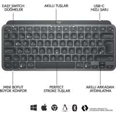 LOGITECH MX KEYS MINI MINIMALIST KABLOSUZ BLUETOOTH AYDINLATMALI Q TR KLAVYE SİYAH 920-010504